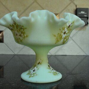 FENTON Large Candy Dish Matte Green Hand Painted Signed Vintage 45 Years